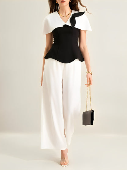 2 Pieces Colorblock Short Sleeves Blouse & Wide Legs Trousers Pants Set