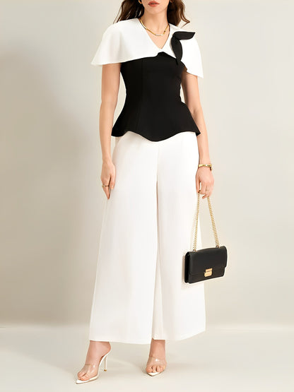 2 Pieces Colorblock Short Sleeves Blouse & Wide Legs Trousers Pants Set