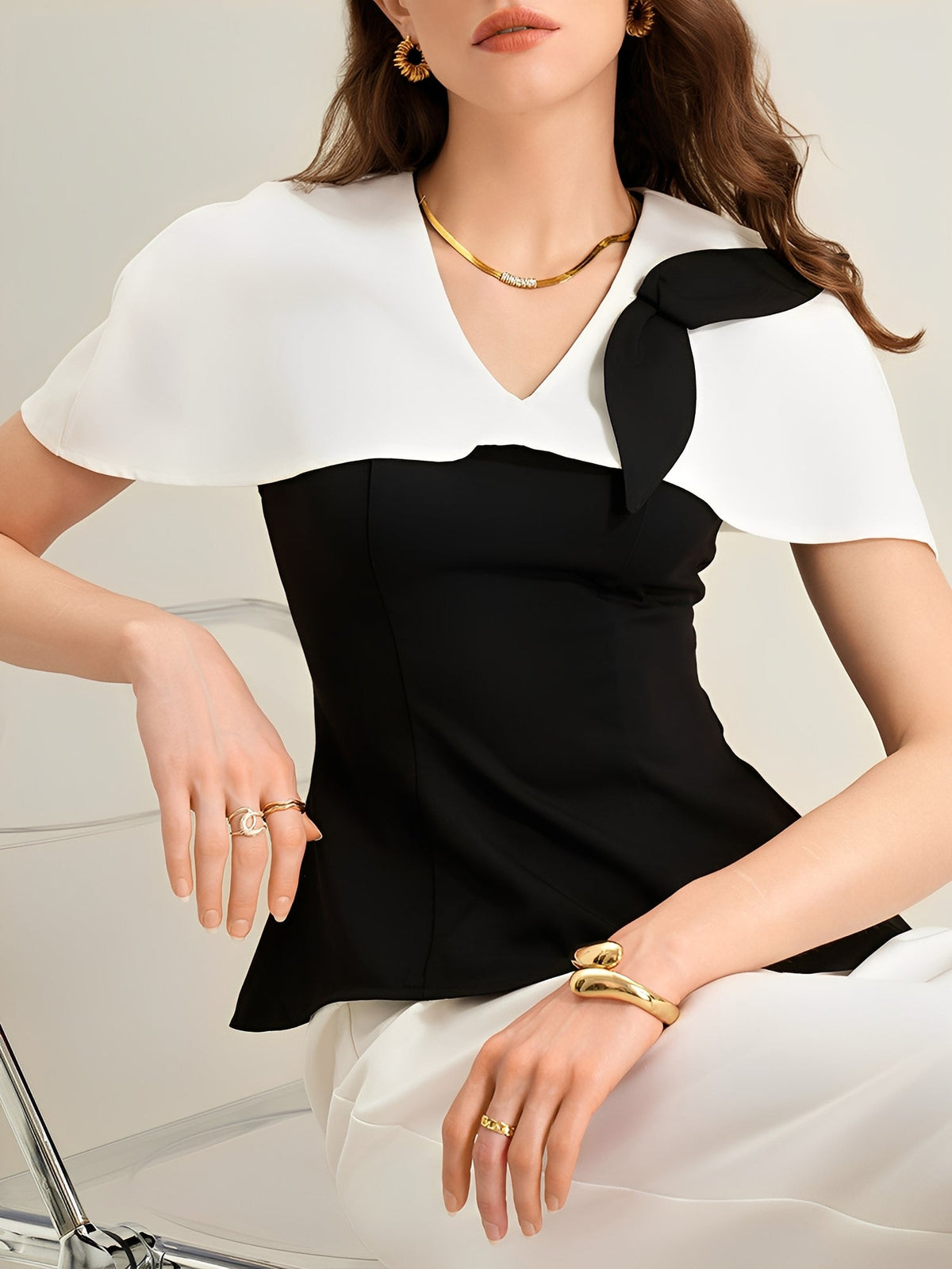 2 Pieces Colorblock Short Sleeves Blouse & Wide Legs Trousers Pants Set