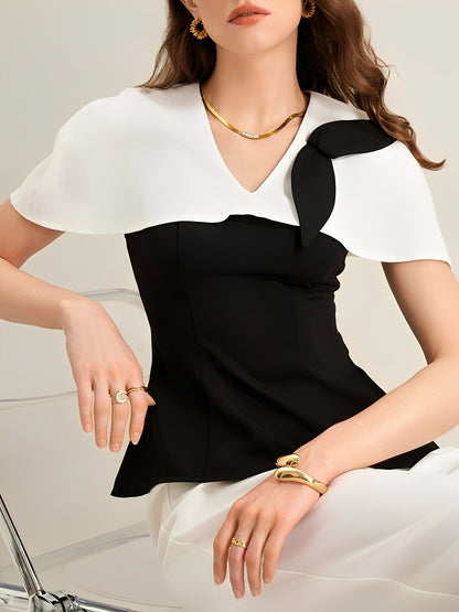 2 Pieces Colorblock Short Sleeves Blouse & Wide Legs Trousers Pants Set