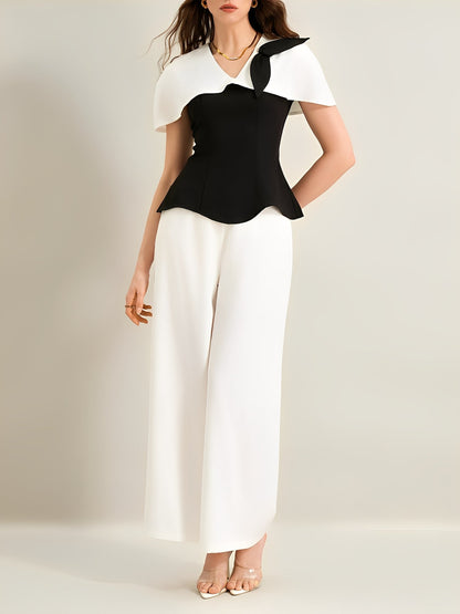 2 Pieces Colorblock Short Sleeves Blouse & Wide Legs Trousers Pants Set