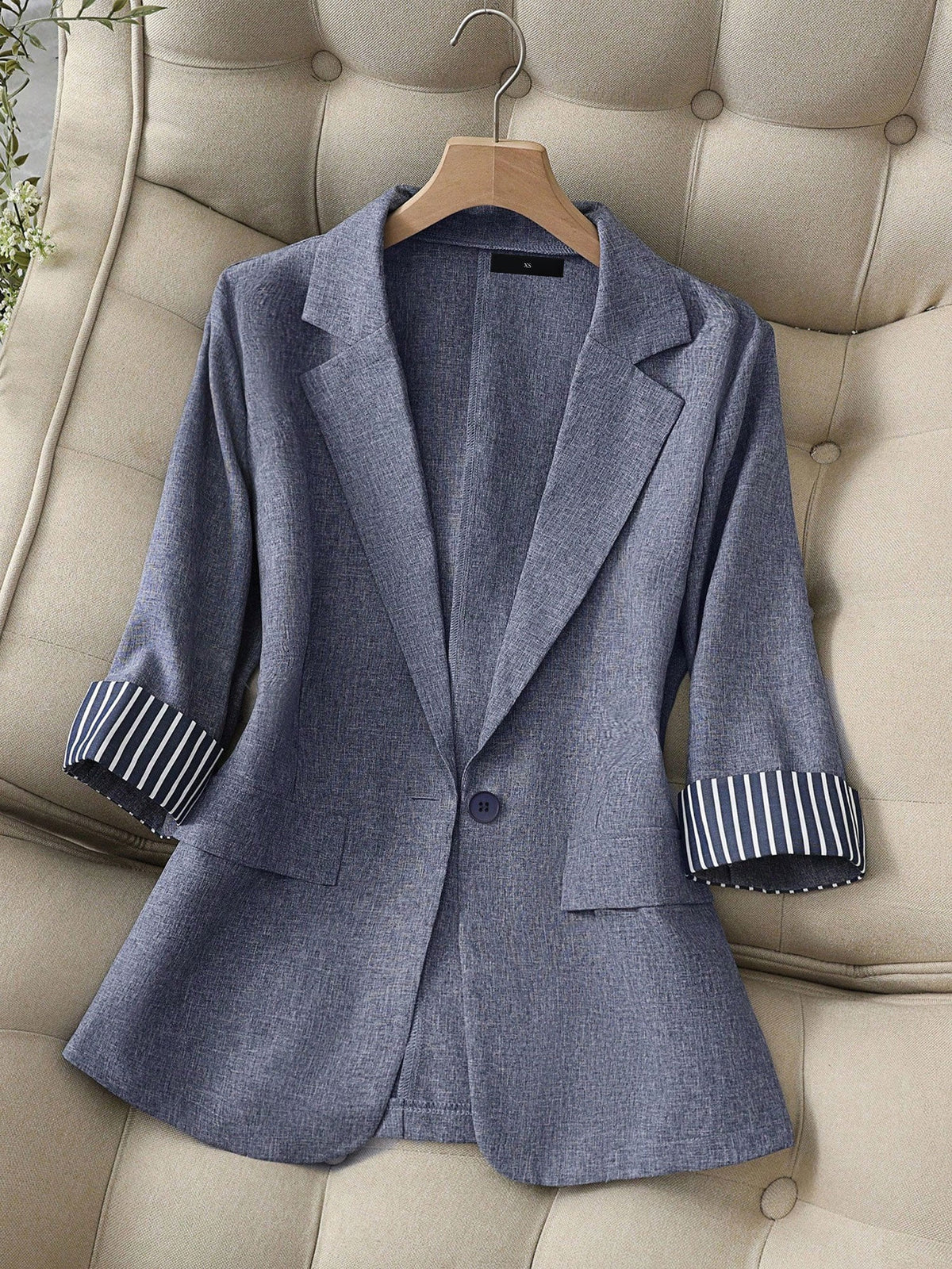 3/4 Sleeves Striped Patchwork One Button Blazer
