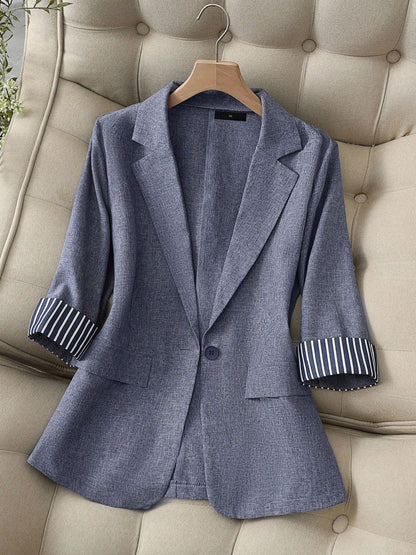 3/4 Sleeves Striped Patchwork One Button Blazer