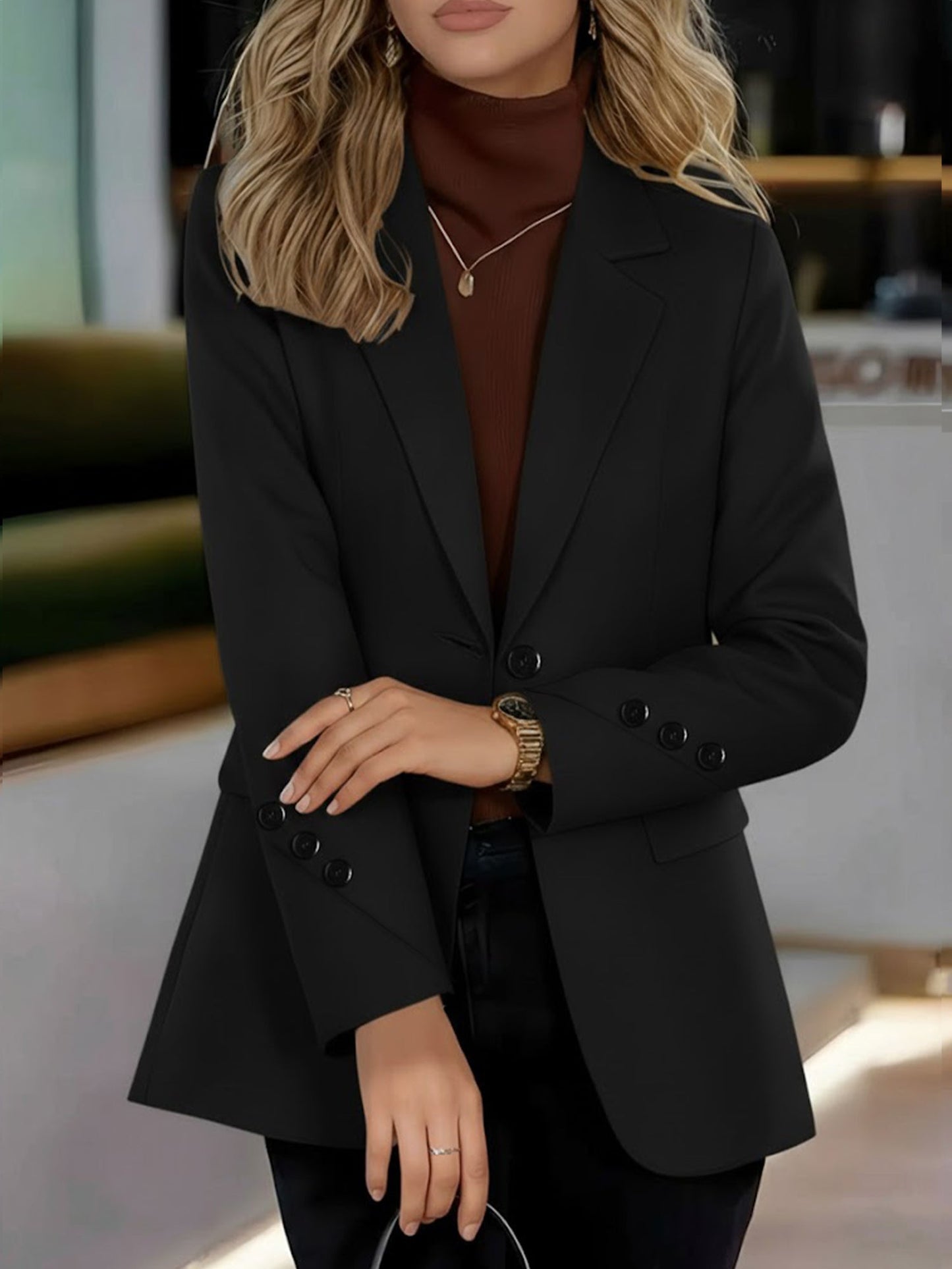 Buttoned Decor Long Sleeves Notched Lapel Lined Blazer