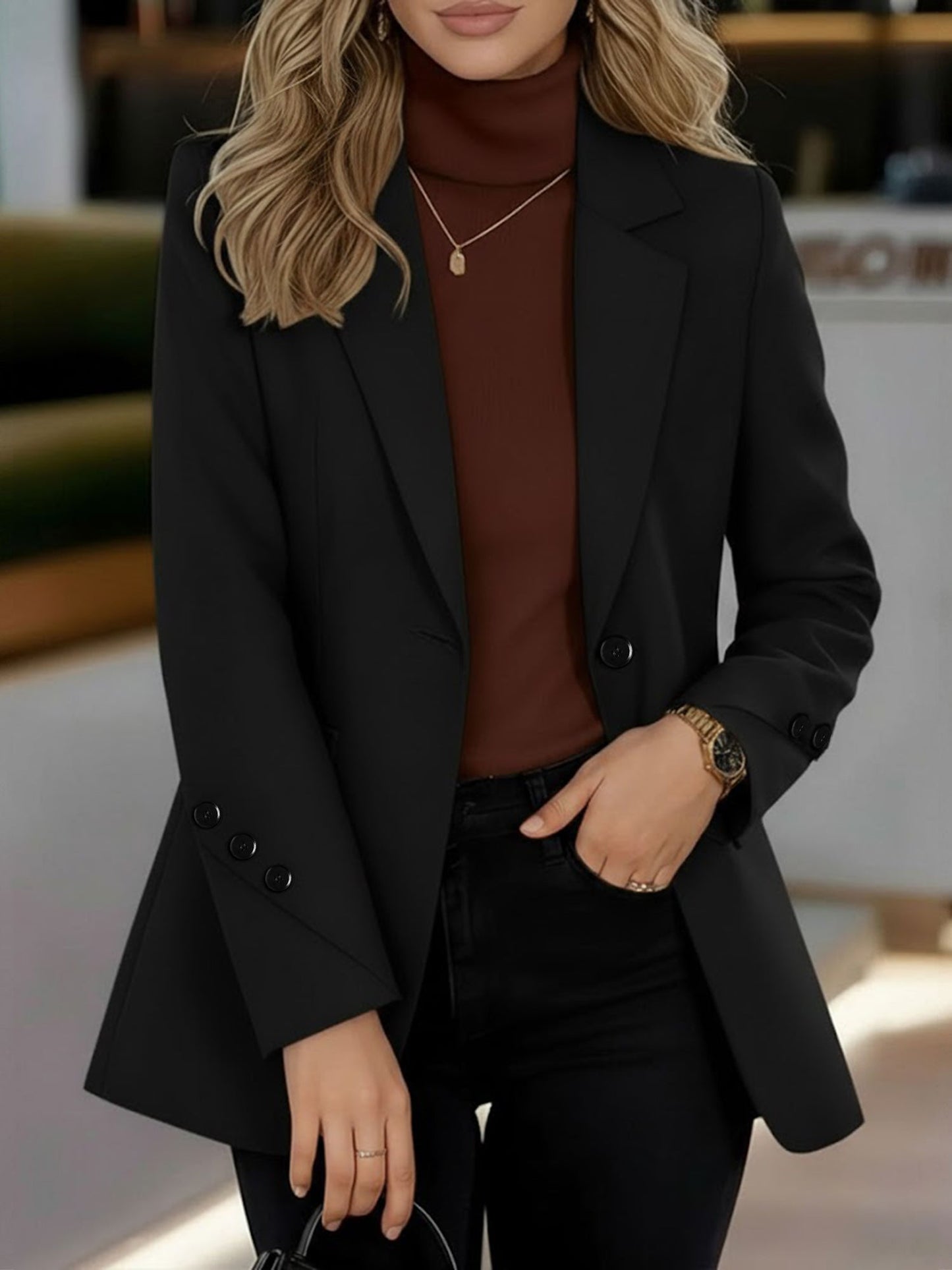 Buttoned Decor Long Sleeves Notched Lapel Lined Blazer