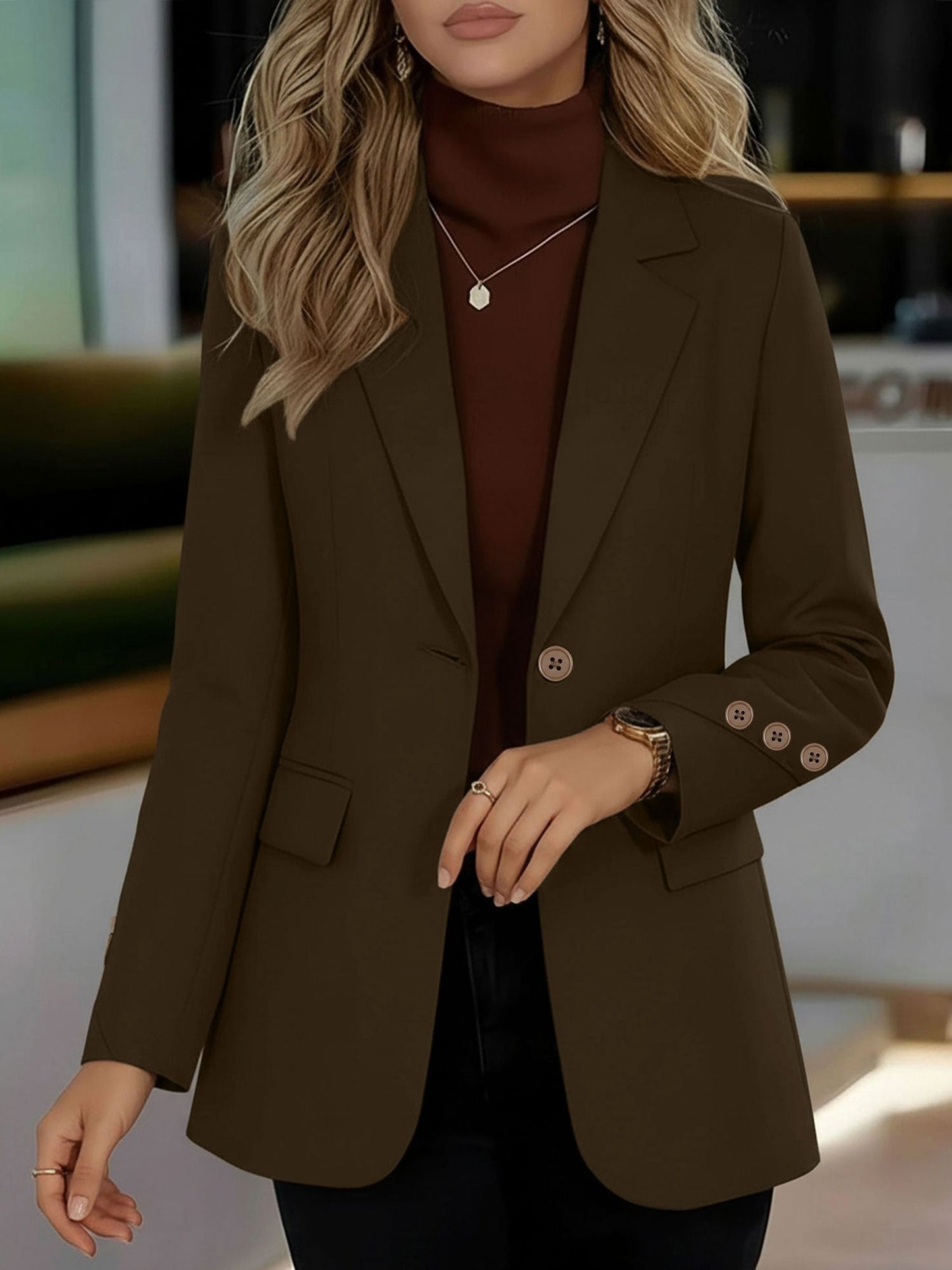 Buttoned Decor Long Sleeves Notched Lapel Lined Blazer