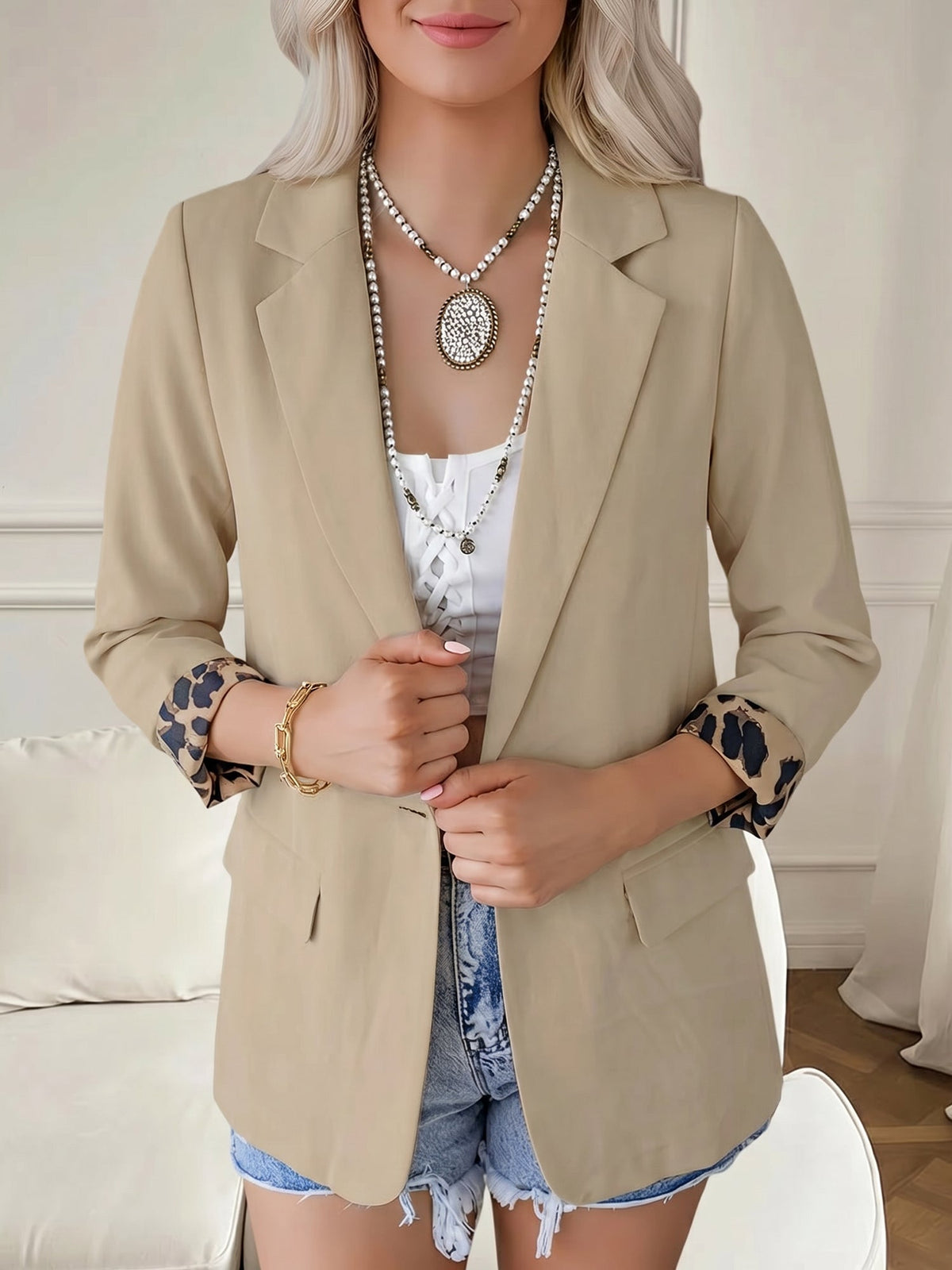 Leopard Patchwork Long Sleeve Business Casual Blazer