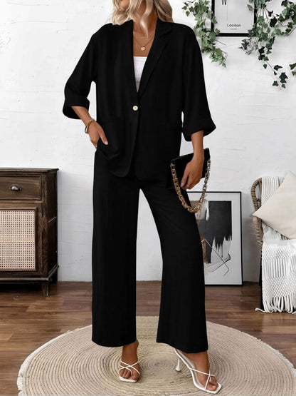 2 Pieces Solid Color 3/4 Sleeves Blazer & Straight Legs Trousers Pants Matching Set