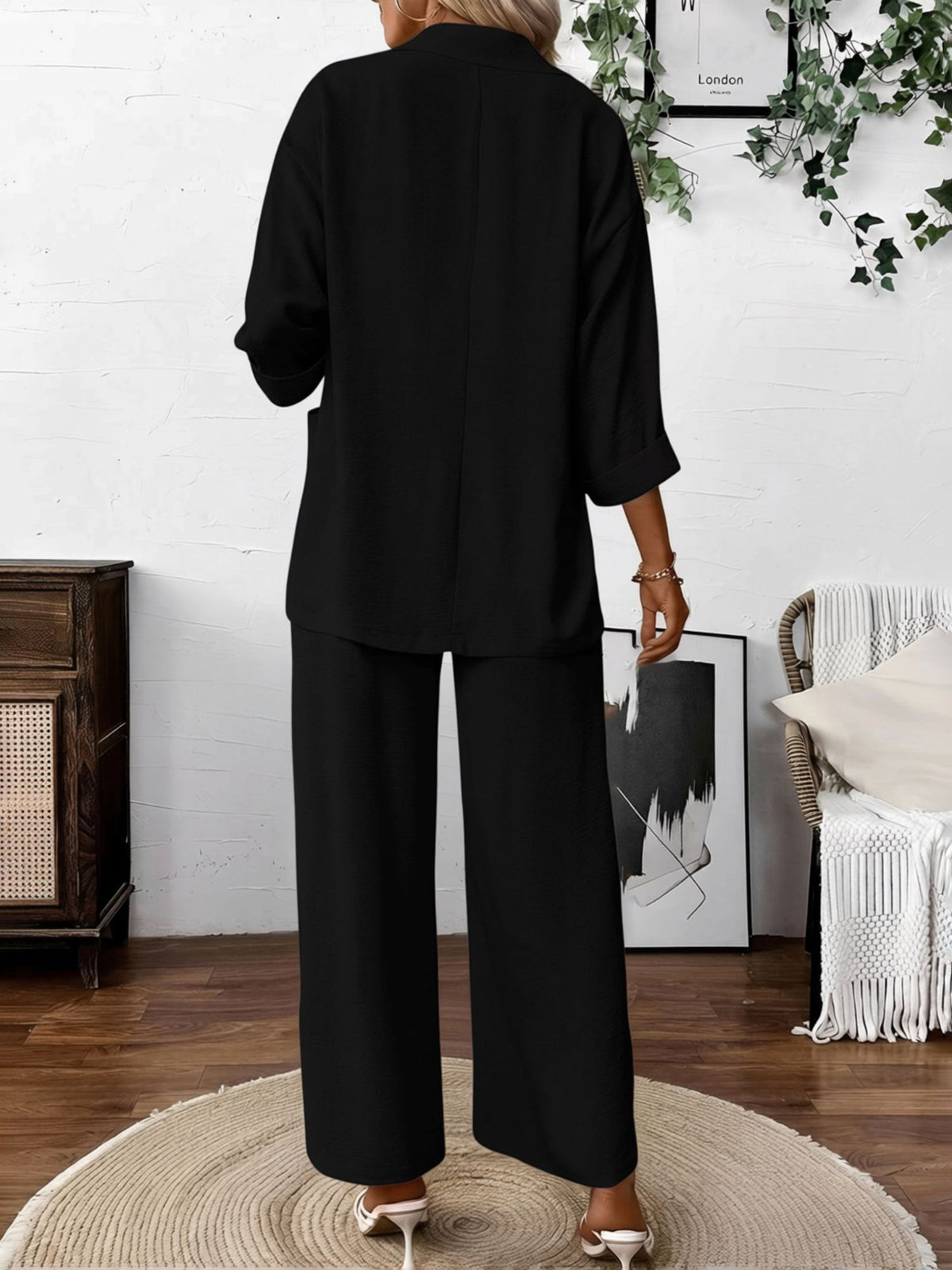 2 Pieces Solid Color 3/4 Sleeves Blazer & Straight Legs Trousers Pants Matching Set