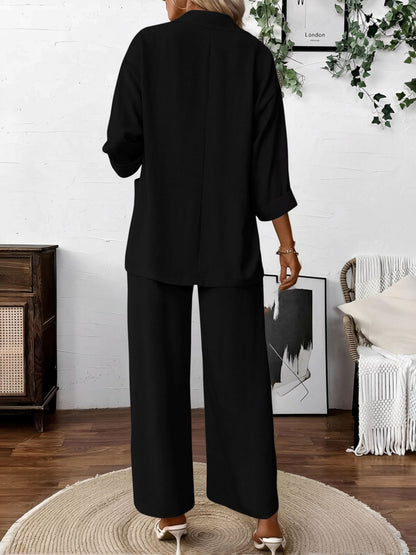 2 Pieces Solid Color 3/4 Sleeves Blazer & Straight Legs Trousers Pants Matching Set