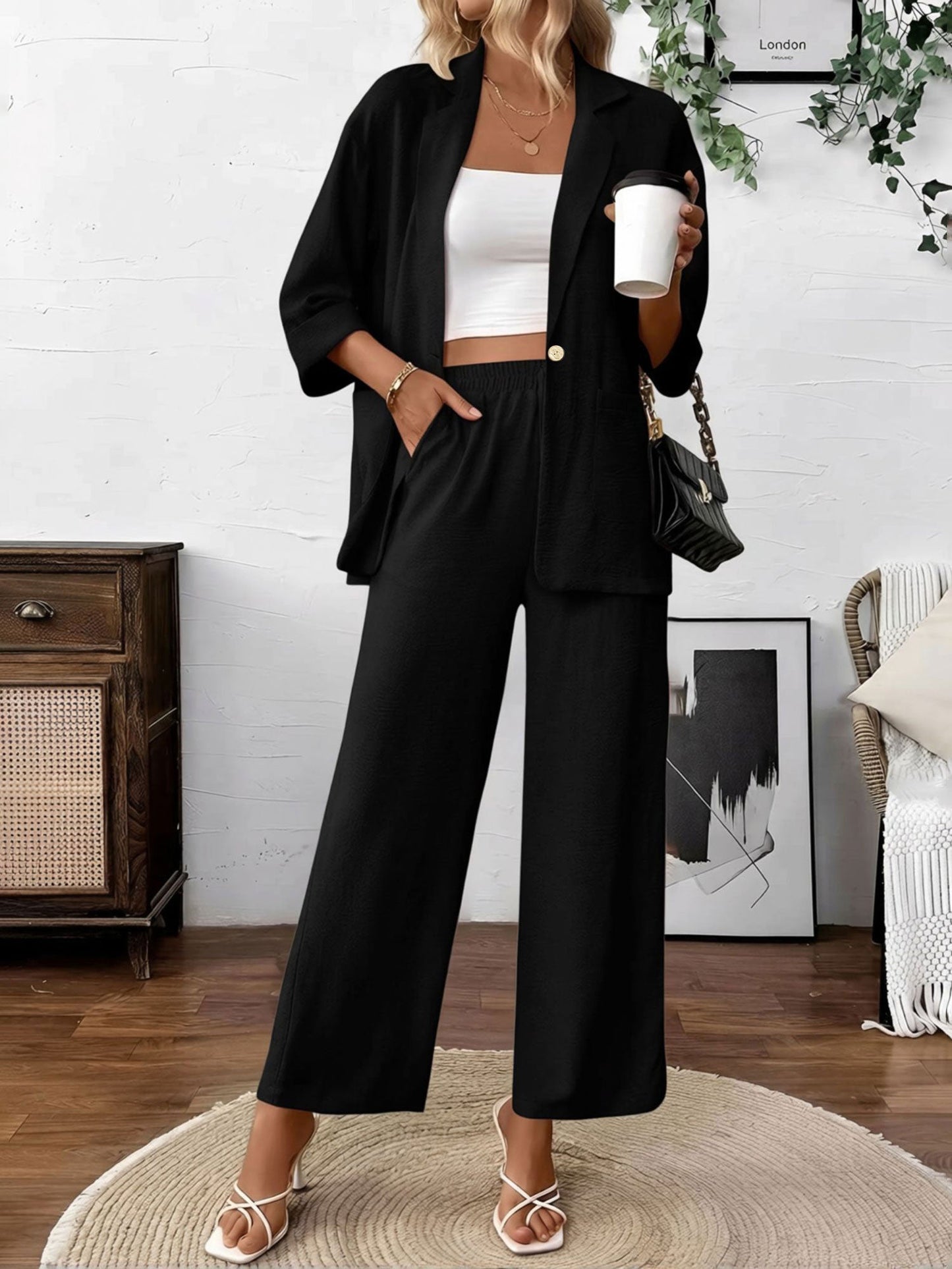 2 Pieces Solid Color 3/4 Sleeves Blazer & Straight Legs Trousers Pants Matching Set