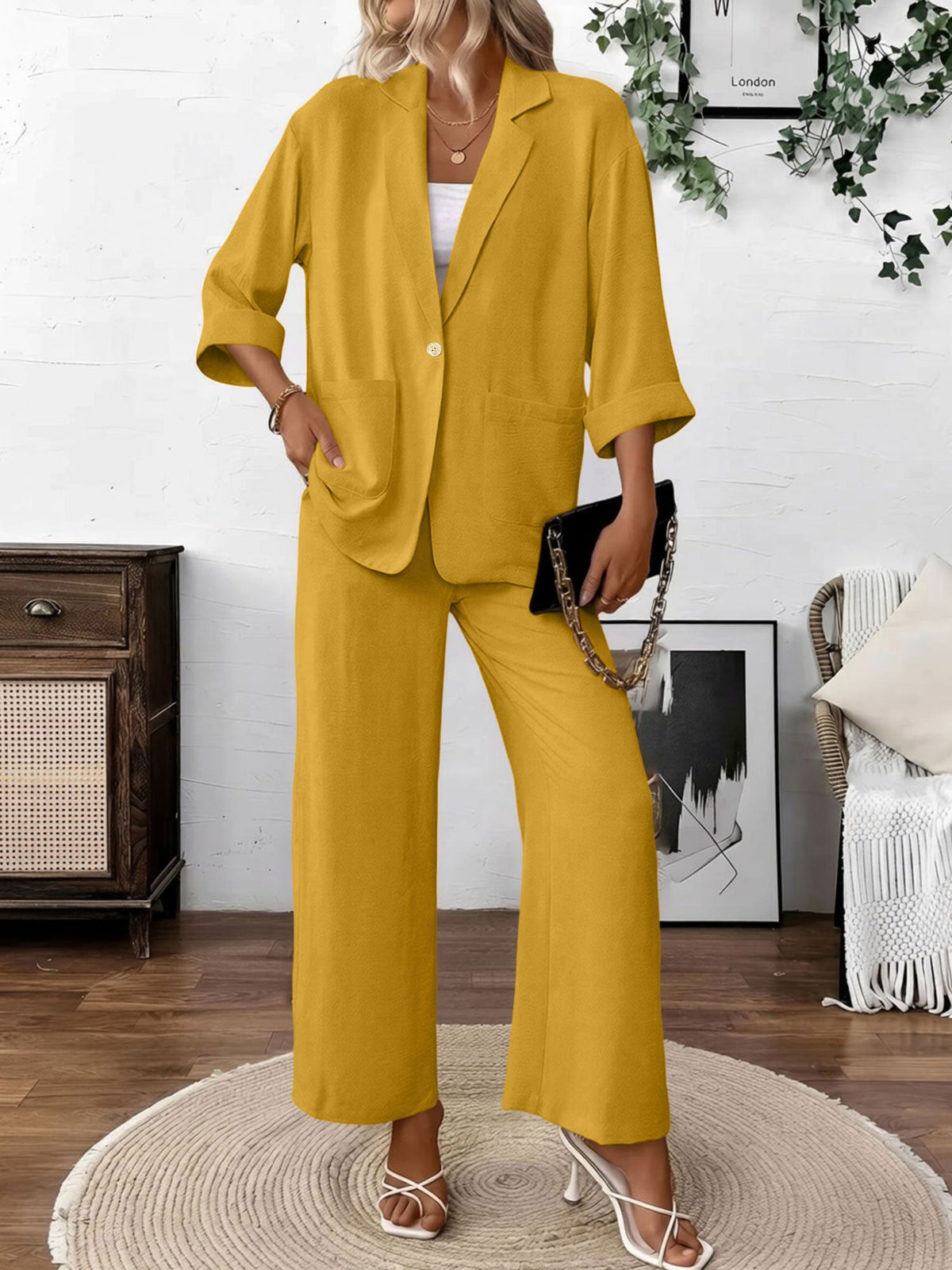 2 Pieces Solid Color 3/4 Sleeves Blazer & Straight Legs Trousers Pants Matching Set