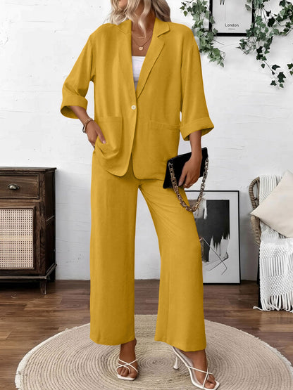 2 Pieces Solid Color 3/4 Sleeves Blazer & Straight Legs Trousers Pants Matching Set