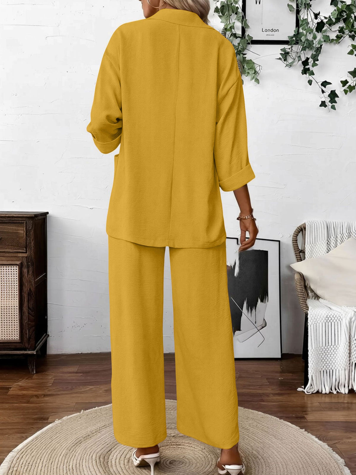 2 Pieces Solid Color 3/4 Sleeves Blazer & Straight Legs Trousers Pants Matching Set