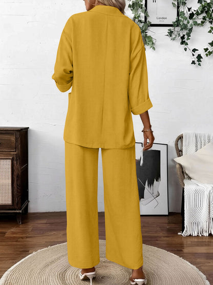 2 Pieces Solid Color 3/4 Sleeves Blazer & Straight Legs Trousers Pants Matching Set