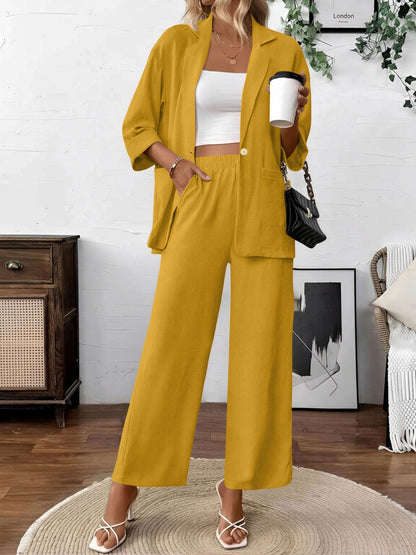2 Pieces Solid Color 3/4 Sleeves Blazer & Straight Legs Trousers Pants Matching Set