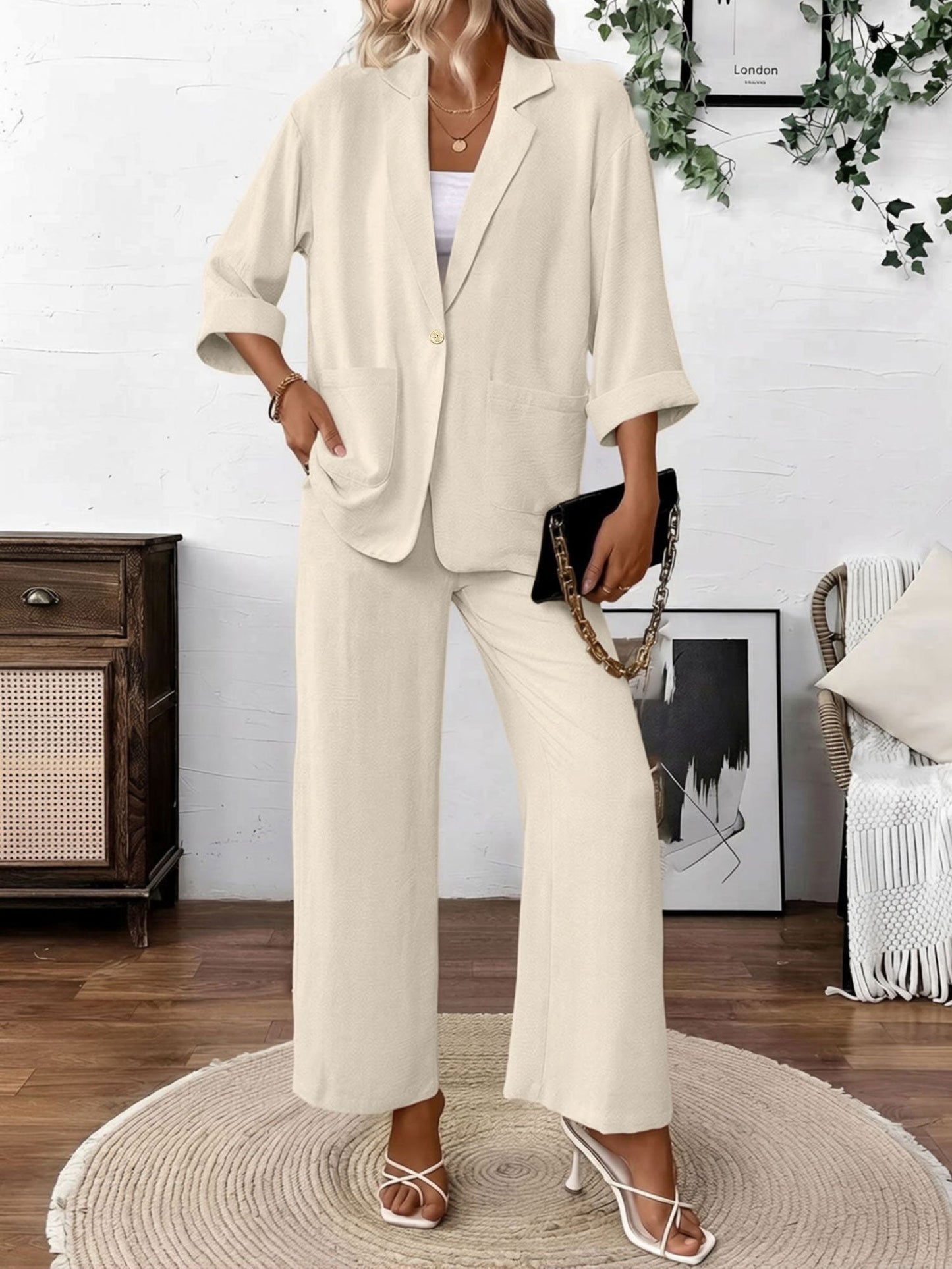 2 Pieces Solid Color 3/4 Sleeves Blazer & Straight Legs Trousers Pants Matching Set