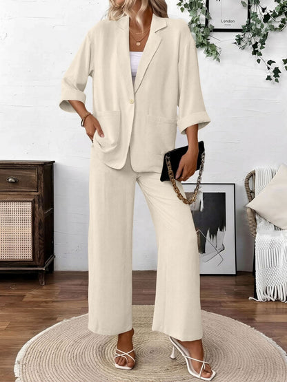 2 Pieces Solid Color 3/4 Sleeves Blazer & Straight Legs Trousers Pants Matching Set