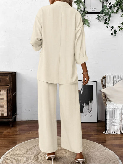 2 Pieces Solid Color 3/4 Sleeves Blazer & Straight Legs Trousers Pants Matching Set