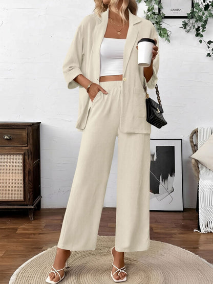 2 Pieces Solid Color 3/4 Sleeves Blazer & Straight Legs Trousers Pants Matching Set