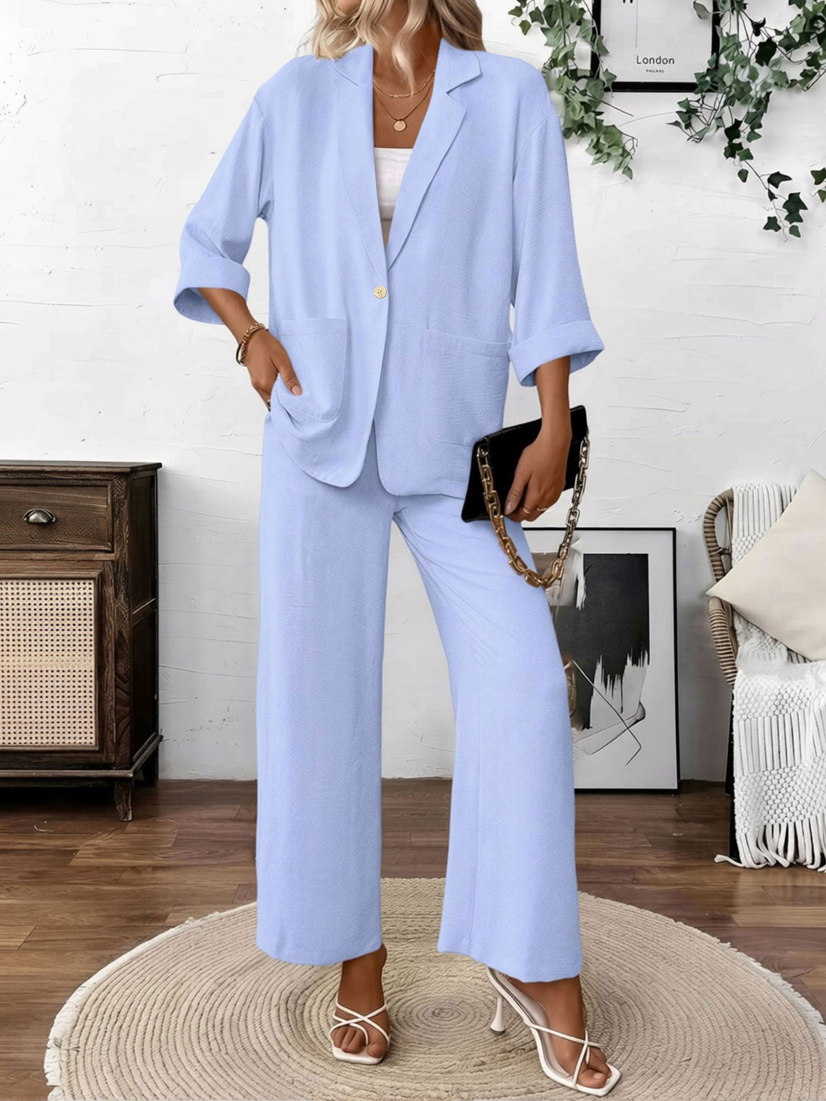 2 Pieces Solid Color 3/4 Sleeves Blazer & Straight Legs Trousers Pants Matching Set