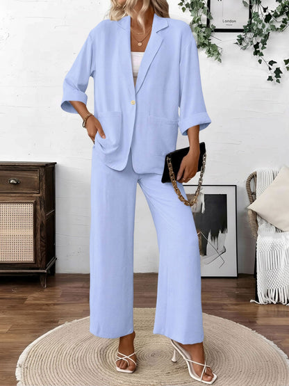 2 Pieces Solid Color 3/4 Sleeves Blazer & Straight Legs Trousers Pants Matching Set