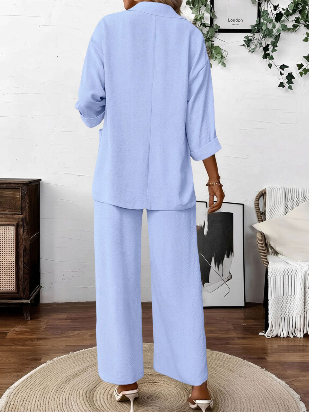 2 Pieces Solid Color 3/4 Sleeves Blazer & Straight Legs Trousers Pants Matching Set