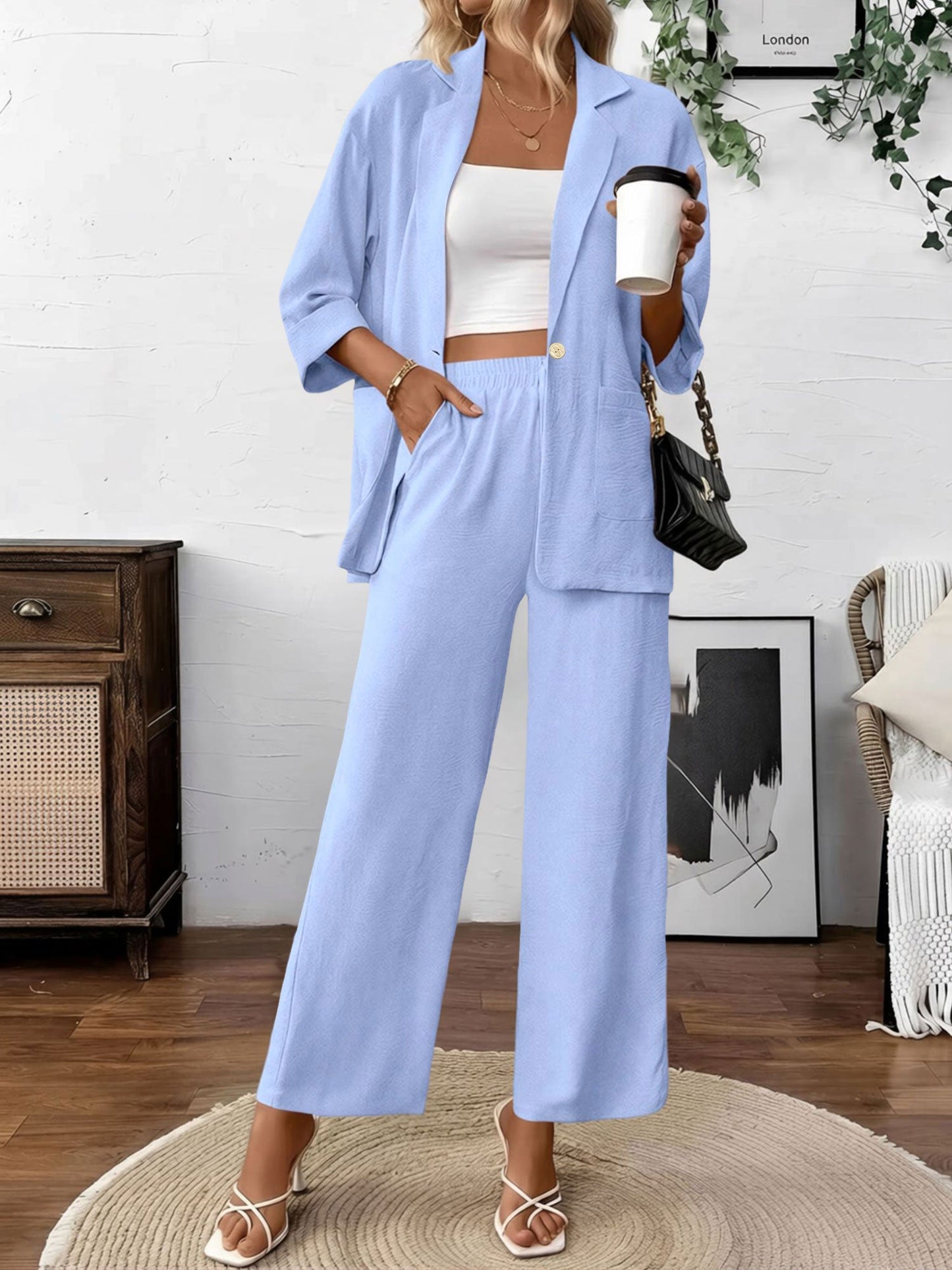 2 Pieces Solid Color 3/4 Sleeves Blazer & Straight Legs Trousers Pants Matching Set