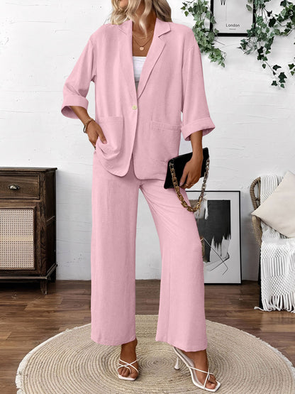 2 Pieces Solid Color 3/4 Sleeves Blazer & Straight Legs Trousers Pants Matching Set
