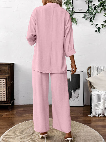 2 Pieces Solid Color 3/4 Sleeves Blazer & Straight Legs Trousers Pants Matching Set