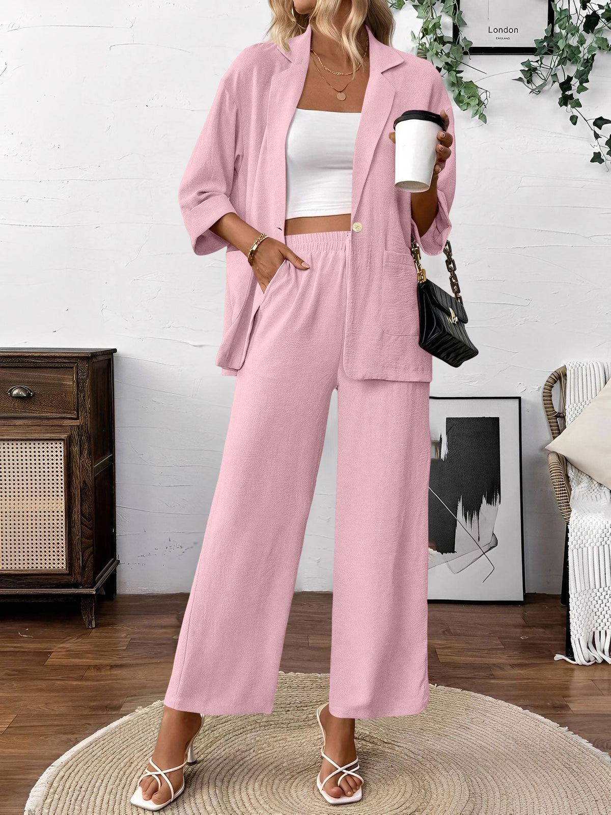 2 Pieces Solid Color 3/4 Sleeves Blazer & Straight Legs Trousers Pants Matching Set