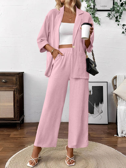 2 Pieces Solid Color 3/4 Sleeves Blazer & Straight Legs Trousers Pants Matching Set