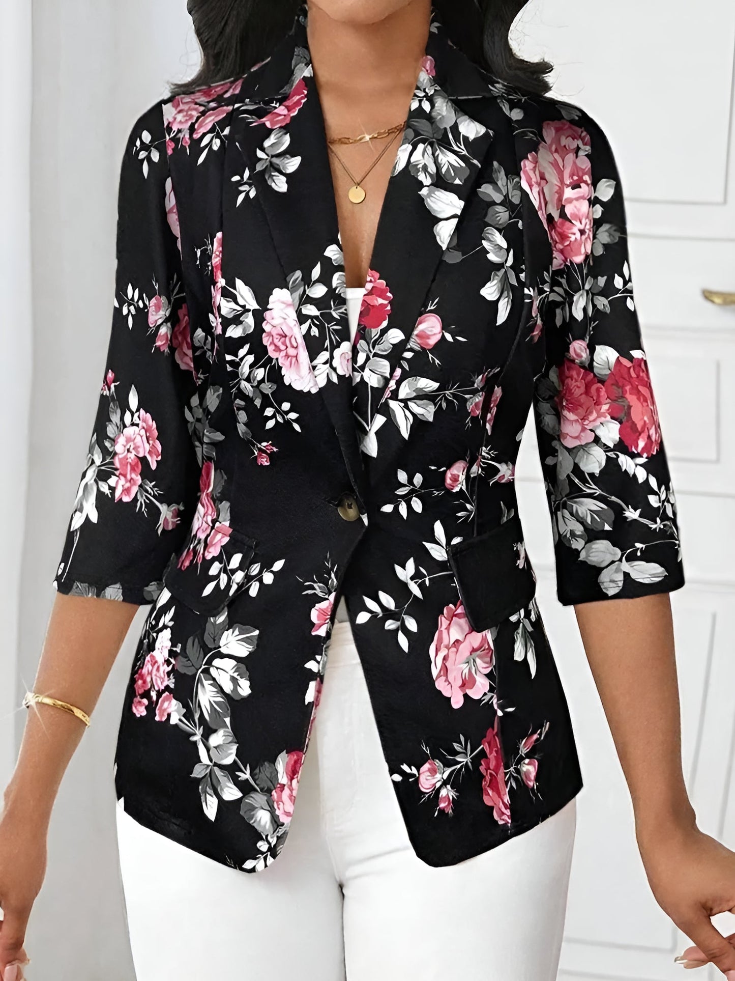 3/4 Sleeve Floral Notched Lapel Blazer