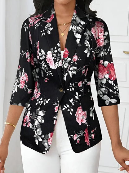 3/4 Sleeve Floral Notched Lapel Blazer
