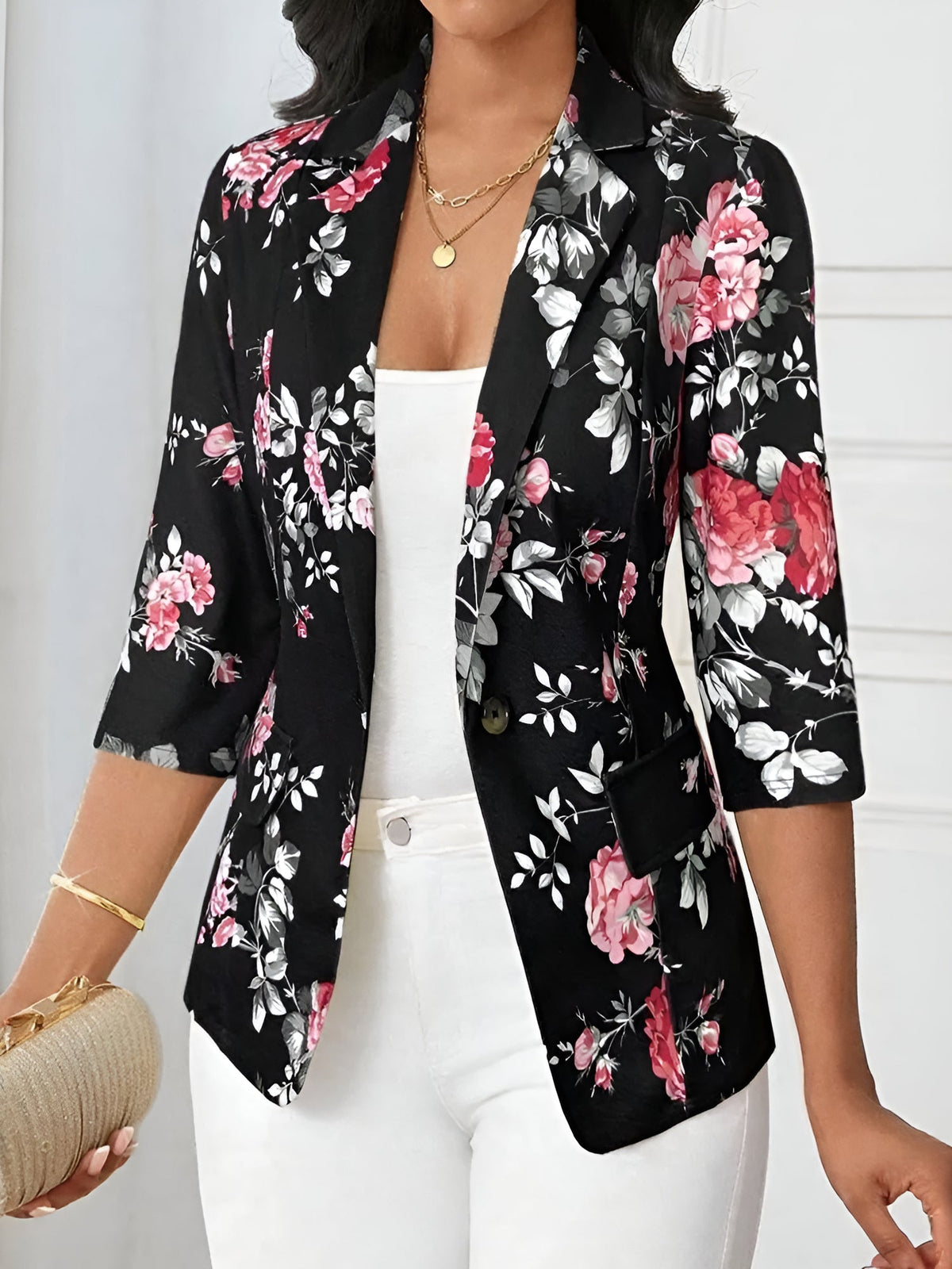 3/4 Sleeve Floral Notched Lapel Blazer