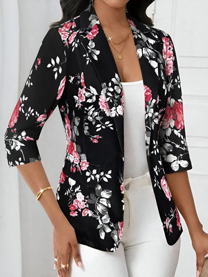 3/4 Sleeve Floral Notched Lapel Blazer