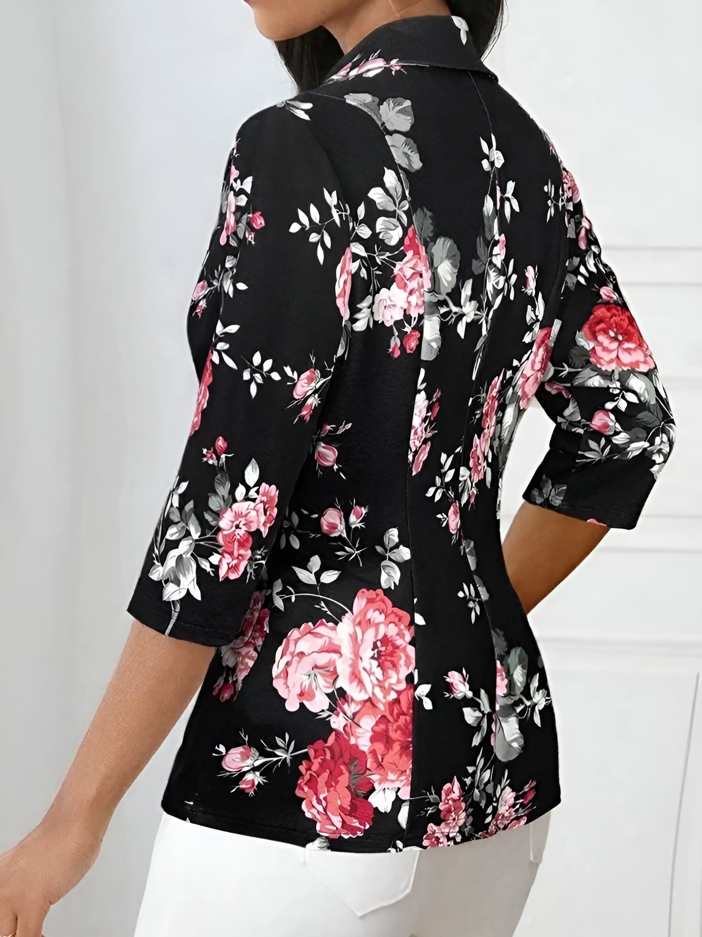 3/4 Sleeve Floral Notched Lapel Blazer