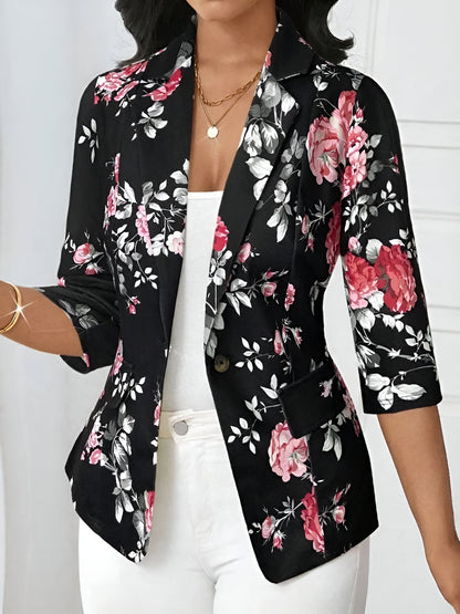 3/4 Sleeve Floral Notched Lapel Blazer