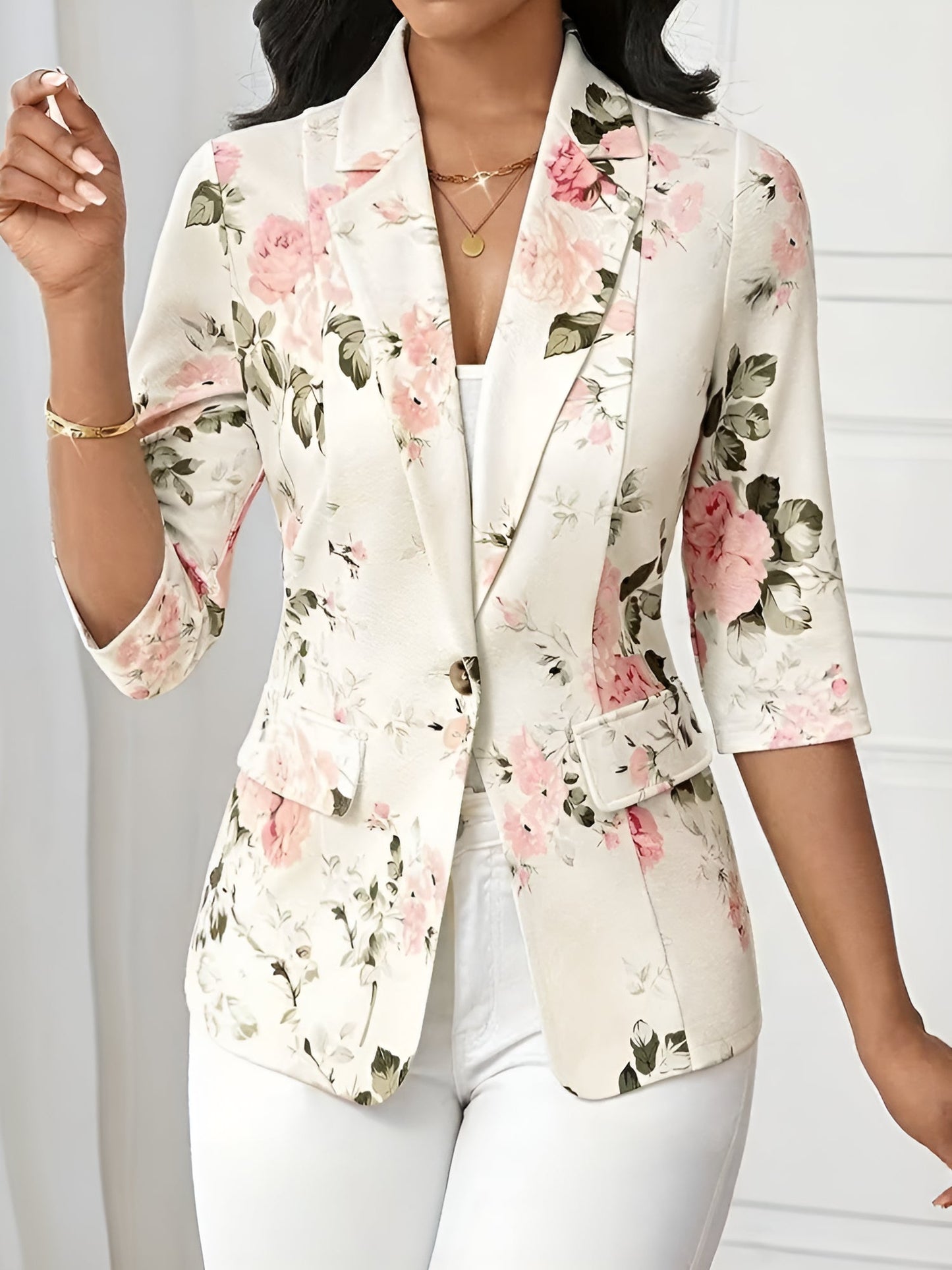 3/4 Sleeve Floral Notched Lapel Blazer
