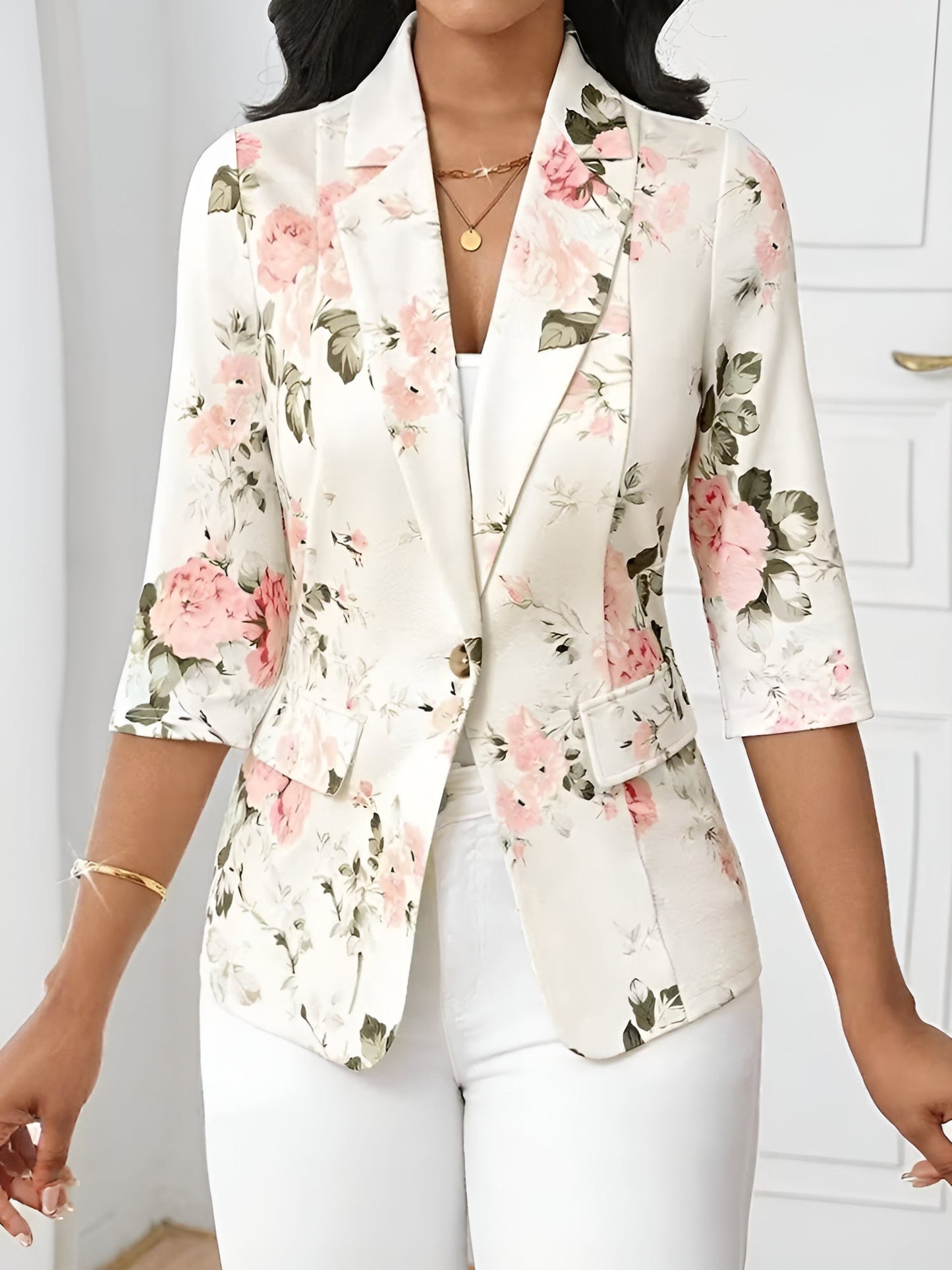 3/4 Sleeve Floral Notched Lapel Blazer
