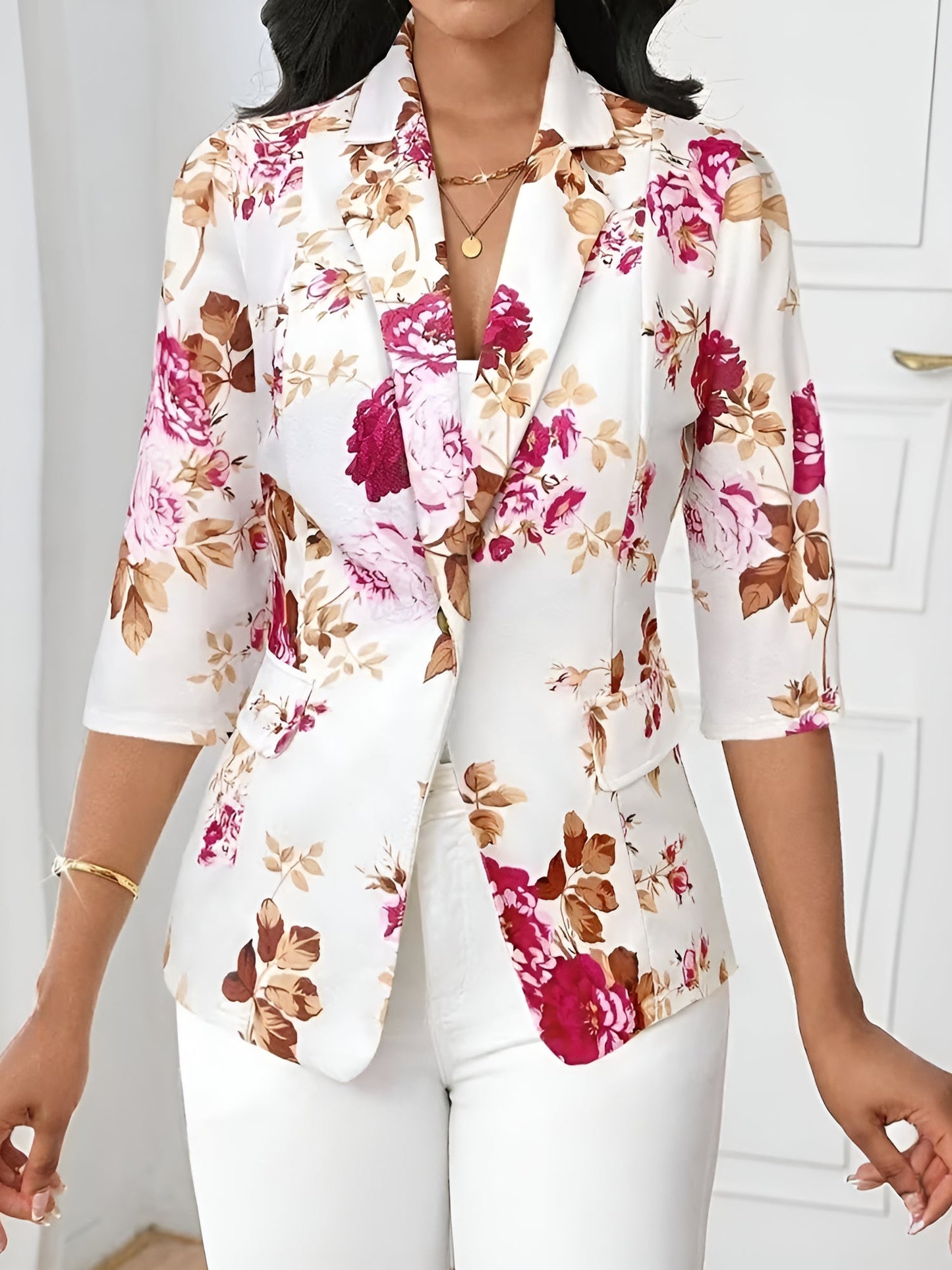 3/4 Sleeve Floral Notched Lapel Blazer