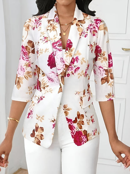 3/4 Sleeve Floral Notched Lapel Blazer