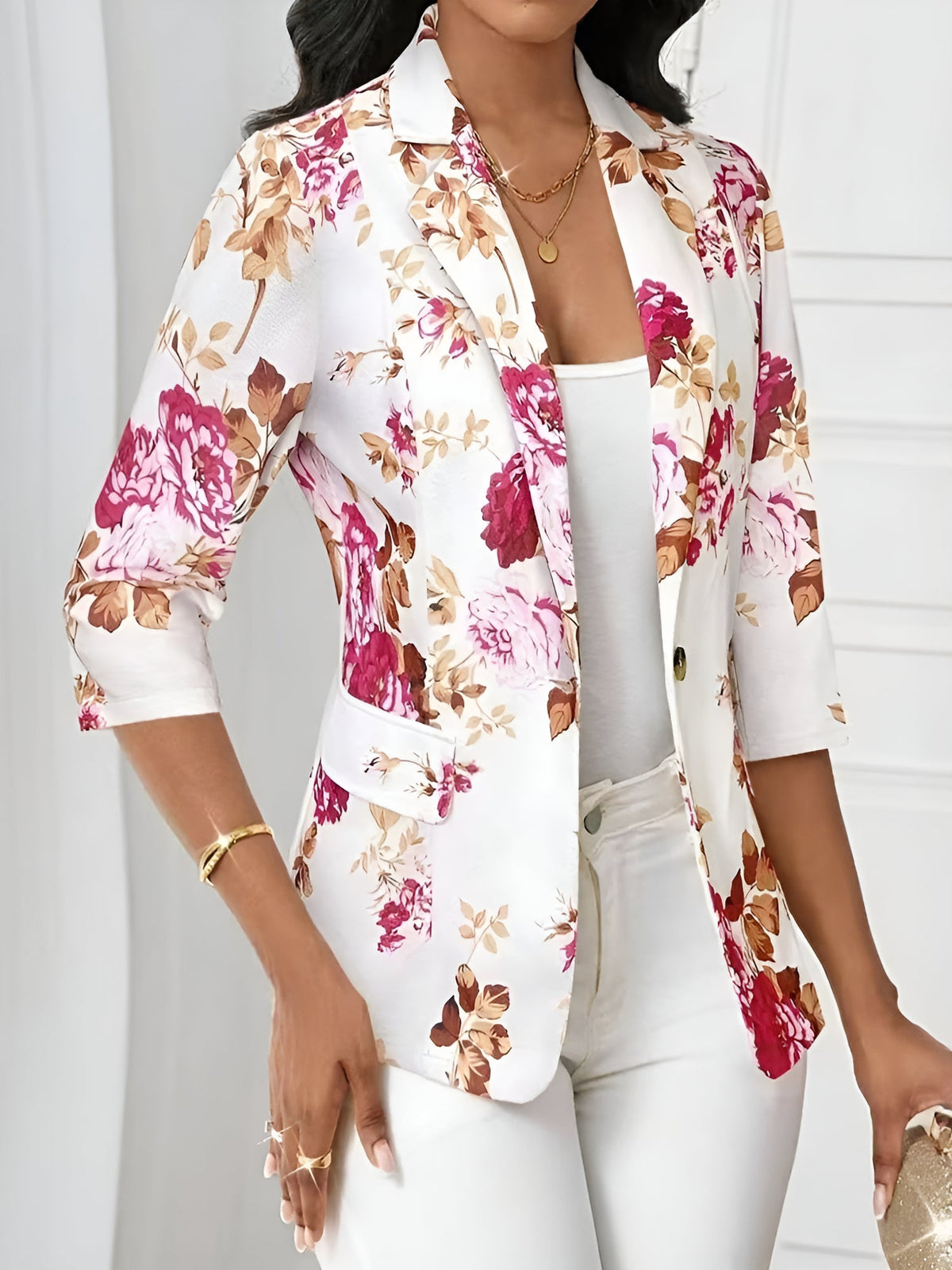 3/4 Sleeve Floral Notched Lapel Blazer