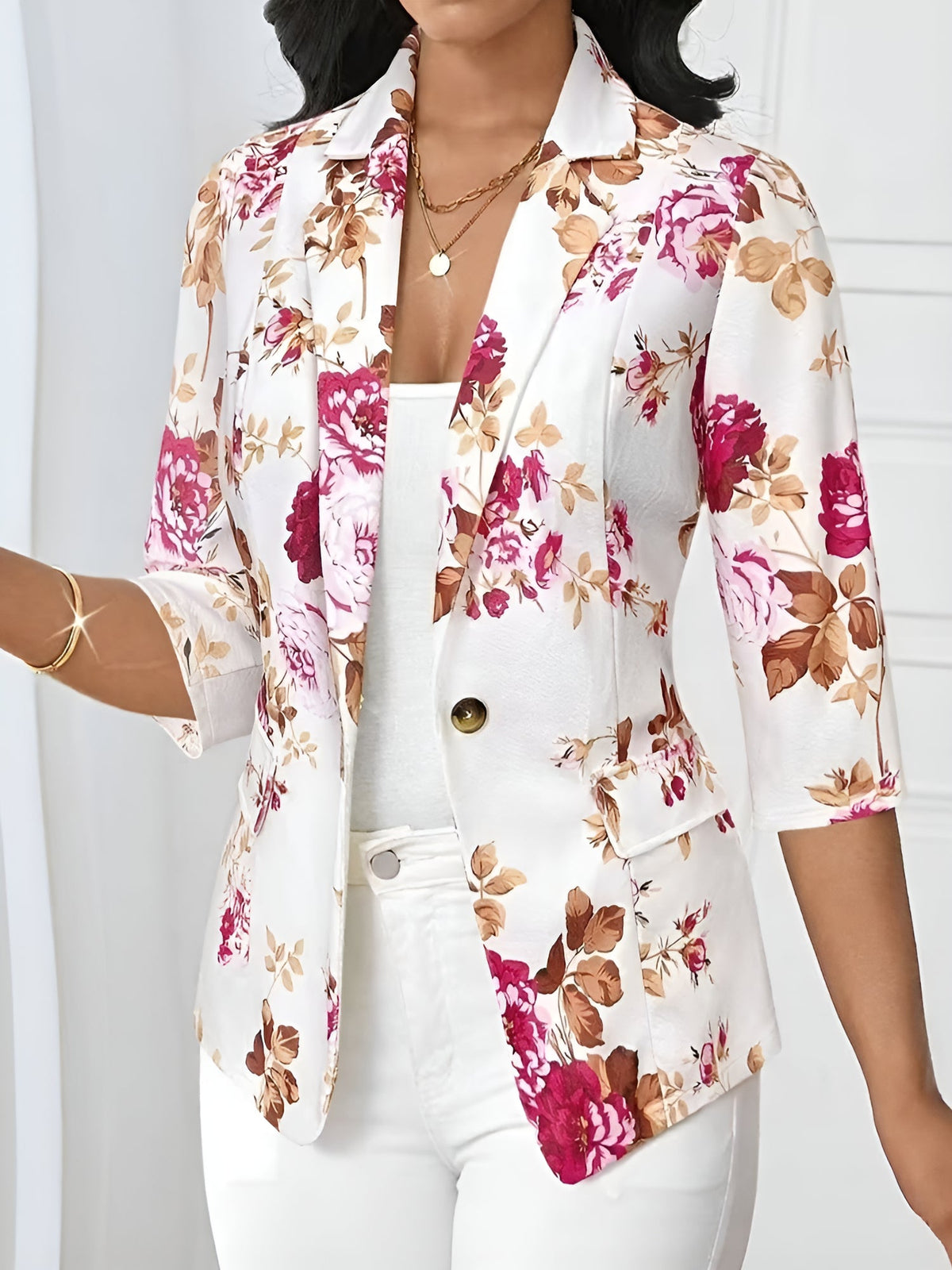 3/4 Sleeve Floral Notched Lapel Blazer
