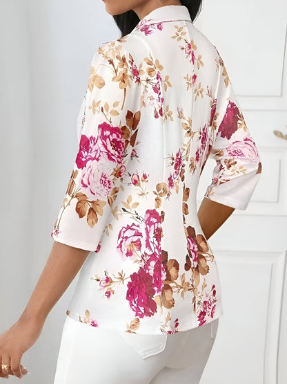 3/4 Sleeve Floral Notched Lapel Blazer
