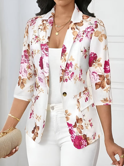 3/4 Sleeve Floral Notched Lapel Blazer