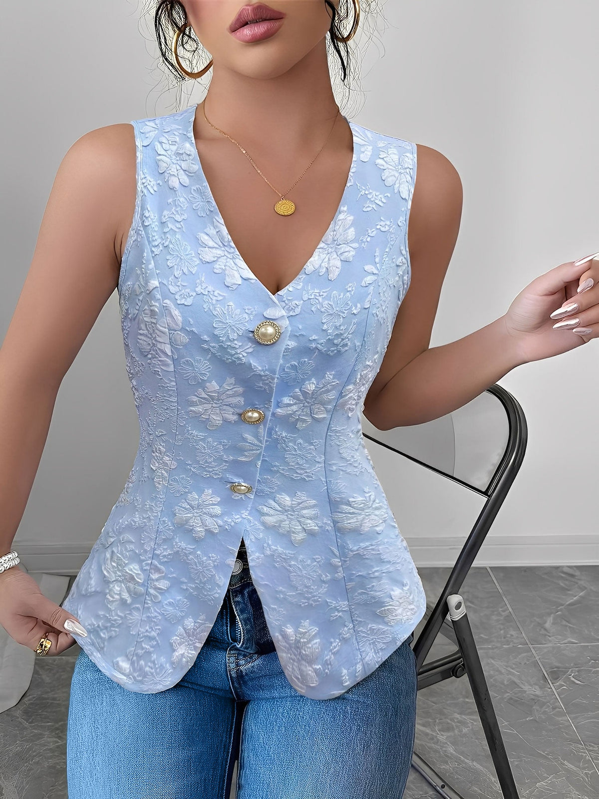 Floral Textured Sleeveless V Neck Casual Vest