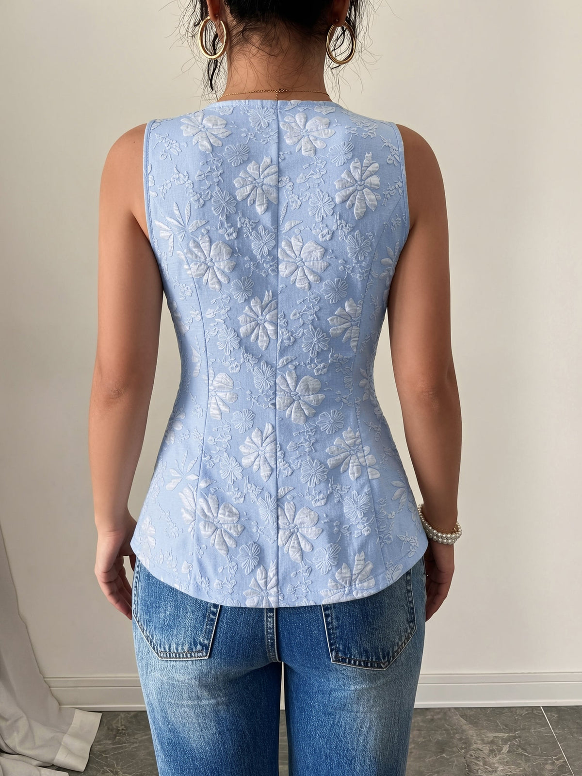 Floral Textured Sleeveless V Neck Casual Vest