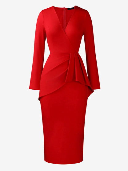 Pleated V Neck Long Sleeves Bodycon Midi Dress