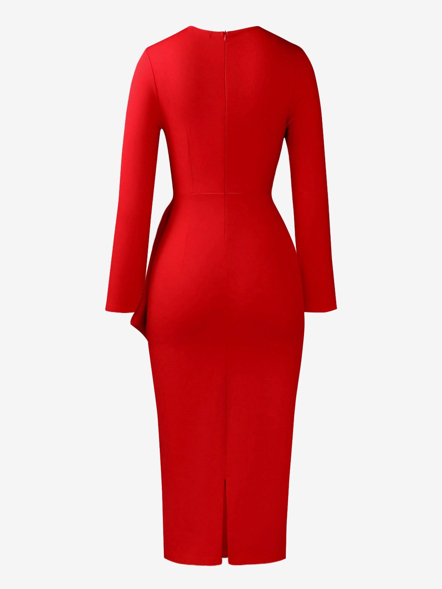 Pleated V Neck Long Sleeves Bodycon Midi Dress